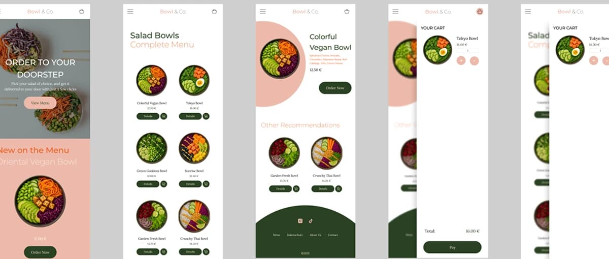 Bowl & Co. app screens: home, salad bowl menu, product page and cart