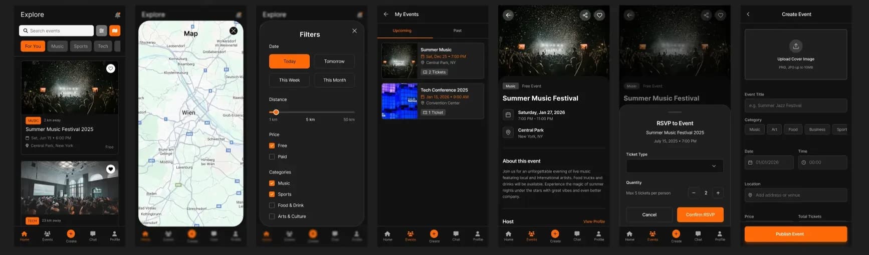 EventHub app screens in dark mode: explore, map, filters, my events, event details, RSVP and create event